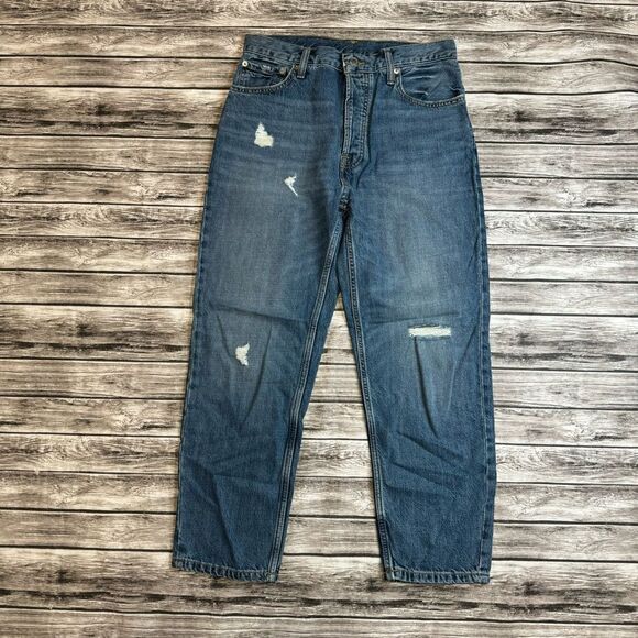 Everlane Women's Distressed Ripped Straight Leg Button Fly Tapered Jeans 31 Blue - Picture 2 of 13